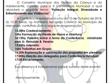 Conferência Municipal dos Direitos da Criança e do Adolescente será realizada no dia 10 em Mercedes 