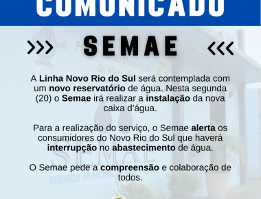 Novo reservatório de água do Novo Rio do Sul será instalado hoje; haverá interrupção no abastecimento