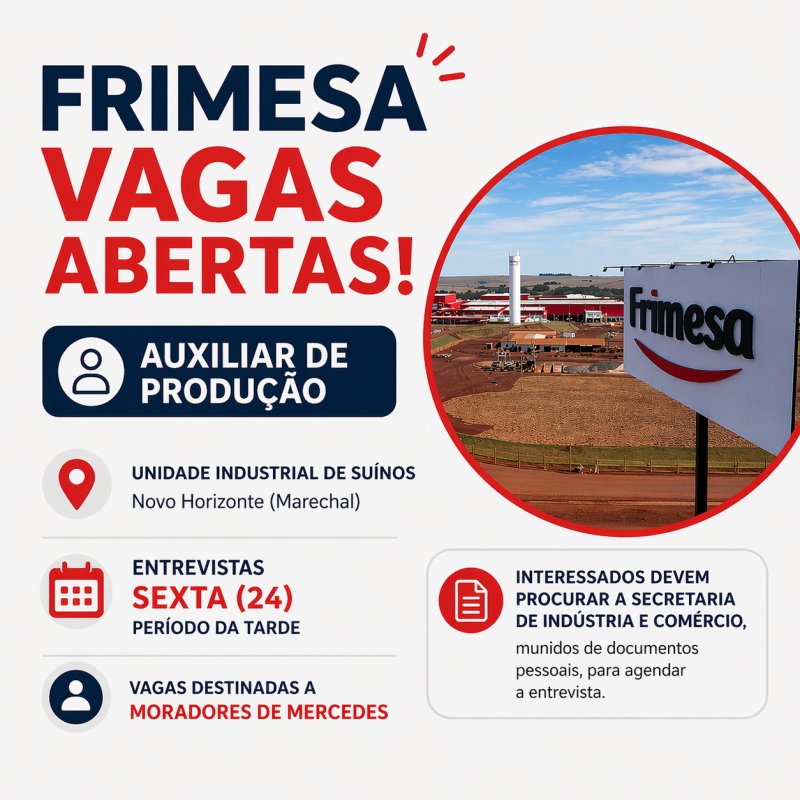 Frimesa abre vagas para auxiliar de produção e realiza entrevistas em Mercedes
